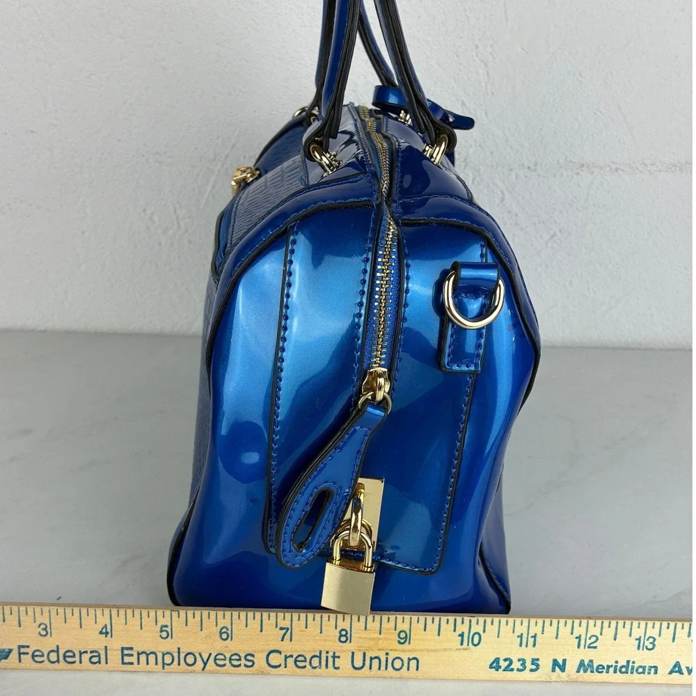 Blue Croc Embossed Patent Satchel Bag - Medium - Y2K Glam Maximalist Handbag